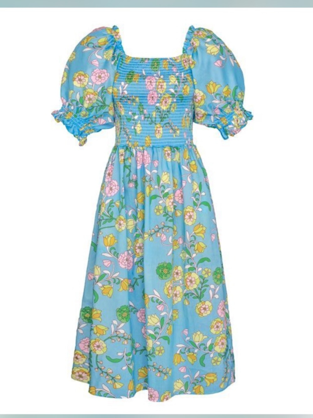 Jessie Zhao Garden Party Blue Flower Smocked Cotton Midi Dress NWT
